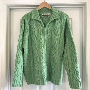 Aran Crafts Irish Merino Wool Cable Fisherman Cardigan Sweater Green Full Zip M